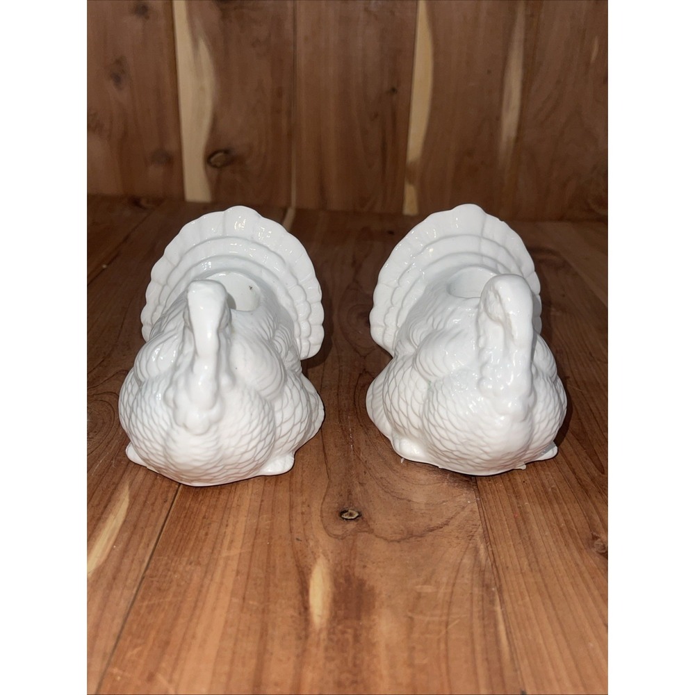 2 VTG Flambro Joan Berg Victor Ceramic Turkey Candle Holder White 1990 Fall